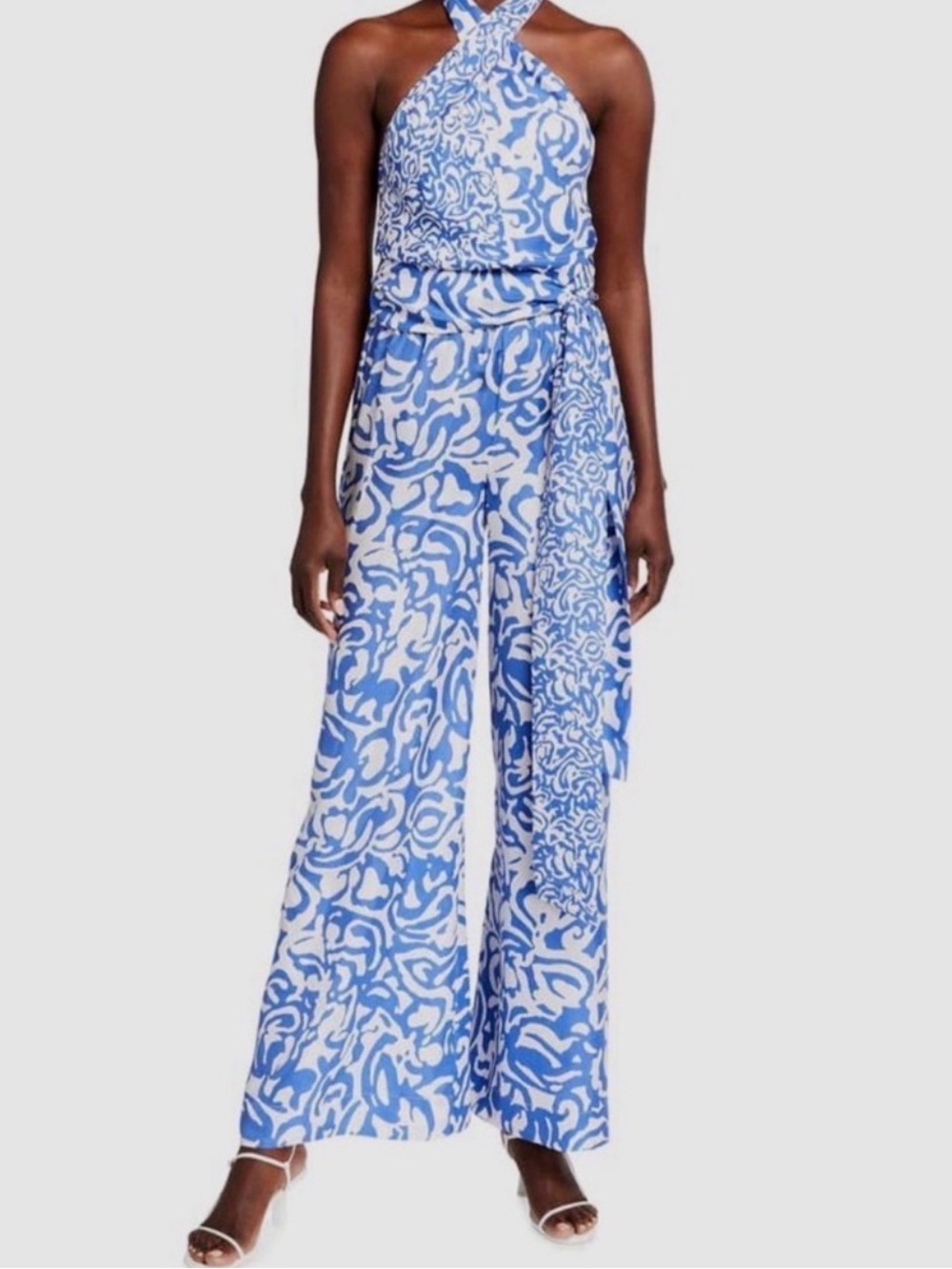 Tanya Taylor Blue & White 100% Silk Halter Wide-Leg Jumpsuit 2 NWOT